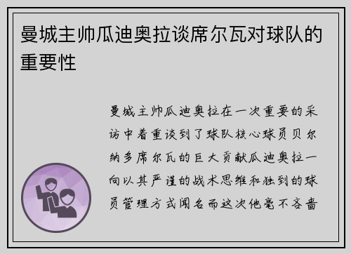 曼城主帅瓜迪奥拉谈席尔瓦对球队的重要性